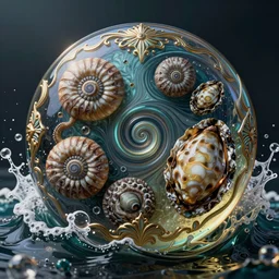 bubbles in cresting oil slick waves, ammonites, abalone, ornate art nouveau glass ornament, rococo, organic rippling spirals, octane render, art forms from nature by ernst haeckel