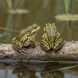 Two frogs sit next to each other, the frogs are on top of a log, the log sits in a pond, oil painting