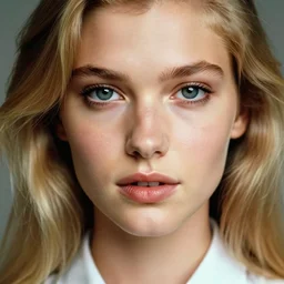 attractive beautiful blonde young model close up wearing shirt, soft, cute, 1 9 6 0 ’ s fashion, 1 5 0 mm f 2. 8, extreme close up face shot, hasselblad, photo by brian ingram, david lazar, lisa kristine, steve mccurry, high quality, symmetrical face, clear skin, 4 k, dramatic lighting ”