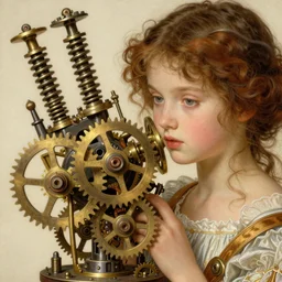 girl, clockwork, springs, pistons, gears, wind - up parts, steampunk,, detailed study, realism, 1 6 f, focus on the girl, cute face, innocent, intrude, elegant, highly detailed, sharp focus, illustration, art by artgerm and greg rutkowski and alphonse mucha gabrielle rossetti