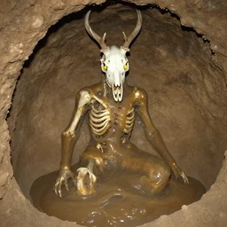 a vaguely humanoid entity made of translucent brown sludge, inside of this brown sludge are various animal bones that give it its shape, it's head is a deer skull with glowing yellow eyes, found in a cave made of clay, found footage, unsettling, flash photography,