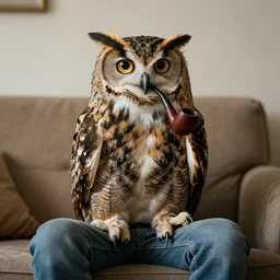 an owl man sitting on a couch smoking a pipe, realistic 4k photography