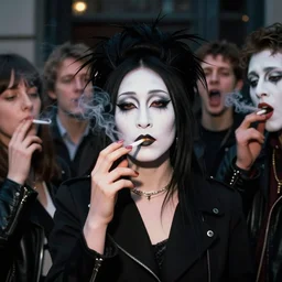 Street photography, Bjork, a close up of several people leaving a seedy nightclub at 5am, they are smoking, someone is screaming, Kabuki makeup, Kodachrome
