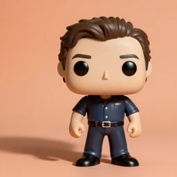 A Funko pop of andy samberg in front of a pastel orange background.