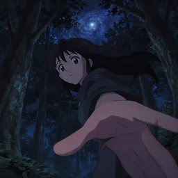 flat, anime key visual, young woman traveling in a forest at night, night sky, nebula, very dark, cute face by ilya kuvshinov, yoh yoshinari, dynamic pose, dynamic perspective, rounded eyes, ghost in the shell, kyoani, smooth facial features, dramatic lighting,