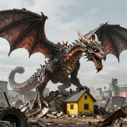 Drachenlord guarding a junkyard with a small yellow house