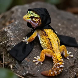 yellow humanoid gecko wearing a black cloak ; hood pulled over head