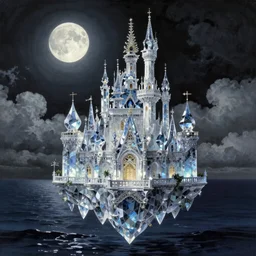 Exquisite crystal castle floating on the sea, moon, DARK  SCHEME, by studio ghibli painting,by Joaquin Sorolla rhads Leyendecker, by Ohara Koson and Thomas, cloud.