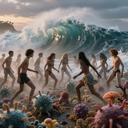 a horde of skinny male and female super models fighting in an bacterial and fungal biodiversities landscape, huge tidal waves crashing around them, dusk light, atmospheric dusk and vapour swirl, full colour, hyper realistic photo, chiaroscuro, shallow depth of field, volumetric lighting, upscale, 8 k, masterpiece,