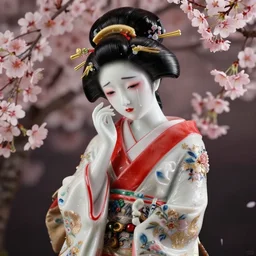 a crying geisha made from intricately detailed porcelain and surrounded by cherry blossom flowers, japanese, dramatic, trending on artstation, 8 k