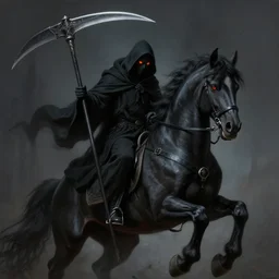 fantasy horror painting of the grim reaper riding a black warhorse, holding a wicked scythe, black robe, fiery eyes, matte painting, realistic, super - resolution, perfectionism, elegant, octane engine, neo - gothic, detailed, sharp focus, illustration, coherent