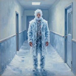 palette knife oil painting of a patient at a mental asylum who is frozen with ice, standing in a frozen corridor, extreme detail, artstation trending, artgerm, any racial background, deviant art, octane, substance, art history 8 k