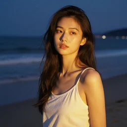 home photography portrait, a woman who i met on the beach ; night, summer, color vhs picture quality with mixed noise