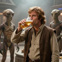 A long-shot, color cinema film still of a Marlin Monroe drinking beer in the Mos Eisley's Tavern, Two aliens around, misty, studio lighting; from Star Wars(1977)
