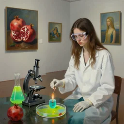 painting of a tall emo girl in a flooded art gallery, paintings on the wall, pomegranates, a microscope, a beaker of sky lime green liquid, a flask of cyan liquid, bunsen burner, petri dish, a lab coat, safety goggles, latex gloves, zen, sensual, surrealist, by magritte and monet