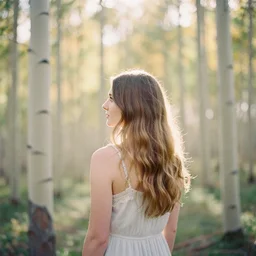 photograph of a beautiful!!! woman! from the back in an aspen tree forest by mark owen. pastel colors. kodak portra 4 0 0 film!!. whirl bokeh!. mamiya 7. highly detailed. hq. photoreal. golden hour. lens flare. faded film. in - frame