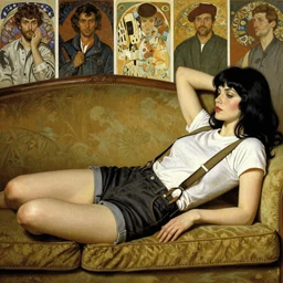 a woman with black hair and long pixie haircut in shorts with suspenders and white t-shirt lying on a couch drawn by frank frazetta, gustave caillebotte, Alexandre Cabanel, norman rockwell, caravaggio, maler collier, peter paul rubens, alphonse mucha, gustav klimt 4k, unreal 5, DAZ, french noveau, trending on artstation, octane render, hyperrealistic