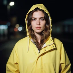 detailed and realistic portrait photography at night of a woman wearing a yellow raincoat with hoodie by Shelley Richmond. Cinematic. Lens flare. Portra 800 film. Helios 44m
