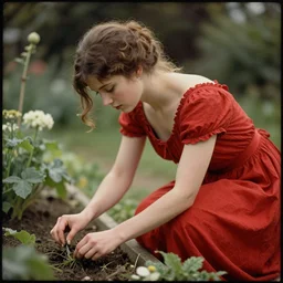 : autochrome photo of a woman in a red dress, weeding a garden