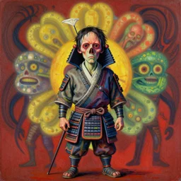 flowerpunk scally samurai, risograph grainy painting, blurred, gouache on canvas, ultra detailed, vibrant colors, grotesque, wrapped thermal background, by francis bacon, beksinski painting,, midshot wide portrait