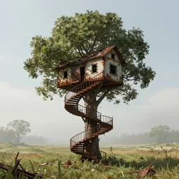 tree - house on a rusty broken building constructions of a giant spiral upside - down staircase for multiple cases, leading to the sky, the ruins, in the steppe, summer field, misty background, from the game pathologic 2, highly detailed, sharp focus, matte painting, by isaac levitan and asher brown durand,