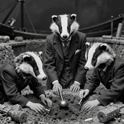 human archaeologists with badger's faces in the style of beatrix potter, in 1940s suits digging at the sutton hoo ship burial, rendered as a black & white photo