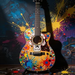 calavera guitar, colorful, splatters, in japan style