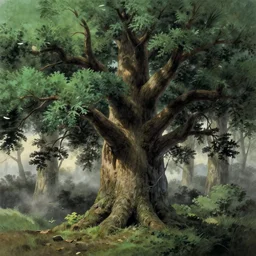 a geant oak tree in a forest of ori and the will of the wisps, studio ghibli, painted by tim hildebrandt, michael whelan, background environment. desaturate, fog. 8 k