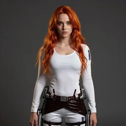 a portrait of emily osment, she has long redorange hair, wearing attack on titan uniform pants, white long tanktop, style by donato giancola, wayne reynolds, jeff easley dramatic light, high detail, cinematic lighting, artstation, dungeons and dragons