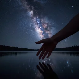 a hand reaching down into a lake that is reflecting the cosmos with countless stars, superior quality, surreal, highly detailed, real camera, real photo, 8 k, art by artstation