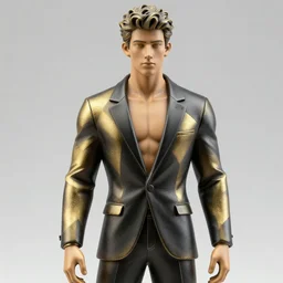 sculpture of a handsome athletic young male super model resembling nick jonas made out of steel and ceramic wearing a black tissue paper and gold geometric tuxedo by marc jacobs, paper graffiti, trees made out of origami, ethereal, fantasy, lawrence alma tadema, james jean, oozium, peter morbacher, angelarium, alchemy, luxury, heavenly light, soft illumination, cinematic lighting, very detailed, 3 d octane render, artgerm, trending on artstation, cgi society