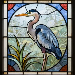 graphic stained glass panel of a blue heron,