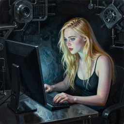 a striking hyper real painting of Elle Fanning hacking a ghost computer, dark, metal, occult, by Edward Hughes