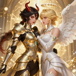 portrait of demonic woman and angelic woman in armour, passionate pose, pixie, genshin impact, intricate, elegant, golden glow, sharp focus, soft bokeh, illustration, highly detailed, concept art, matte, trending on artstation, holographic undertones, bright colors, art by wlop and artgerm and greg rutkowski, mucha, giger, marvel comics, beksin