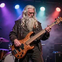 gandalf playing an intricate wooden bass guitar in a funk band, fog machine, colored spotlights