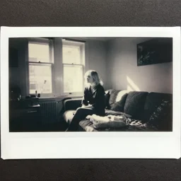 old polaroid of an blonde girl in a cozy room, there is a few sun rays glowing in the room, there is a window in the background, pictorialism, black and white, wide angle