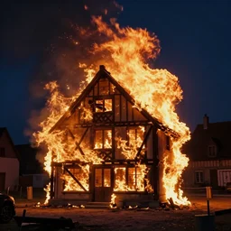 1 9 7 0 s movie still of a heavy burning french style townhouse in a small french village by night, cinestill 8 0 0 t 3 5 mm, heavy grain, high quality, high detail, dramatic light, anamorphic, flares