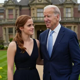 A photo of emma watson and joe biden in a Victorian Mansion in the movie The Grand Budapest Hotel (2014), golden, vibrant, colorful, 8K, copper, brass, f/22, 35mm, 2700K, kodachrome