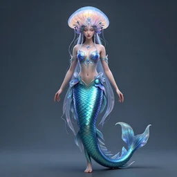 Full body photo of the most beautiful goddess, she has a jellyfish-phoenix head's and a siren body by Tooth Wu, trending on Artstation, digital art, symmetrical artwork, cinematic, hyper realism, high detail, octane render, 4k, 8k