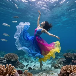 woman dancing underwater wearing a flowing dress made of blue, magenta, and yellow translucent lace, elegant coral sea bottom, swirling silver fish, cycles render, caustics lighting from above, cinematic