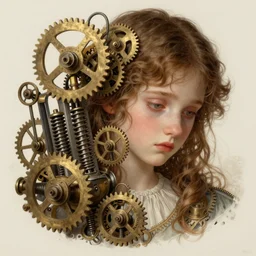 sad girl, clockwork, springs, pistons, gears, wind - up parts, steampunk,, detailed study, realism, 1 6 f, focus on the girl, cute face, innocent, intrude, elegant, highly detailed, sharp focus, illustration, art by artgerm and greg rutkowski and alphonse mucha gabrielle rossetti