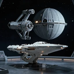 the deck of the uss enterprise 1 7 0 1 with the death star 2 on the viewscreen, cinematic, film still