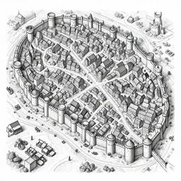 wallpaper medieval city tourist map twisty streets, towers, city walls, d & d, engraving, isometric view, port, market, castle, cartoony, b & w