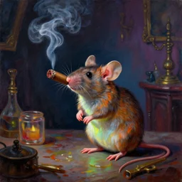 a mouse is smoking cigar in a gothic atelier, oil painting, detailed, colorful, glowing lighting, 4 k, dimly lit, in the style of yanjung chen and tom bagshaw,