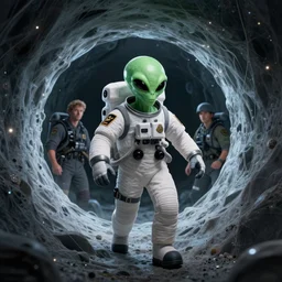 an evil alien astronaut dressed as a border patrol officer enters a quantum wormhole. trending on juxtapoz, trending on artforum, gary baseman, dan mumford, pedro correa, trending on mad magazine, matte sharp painting, character concept design