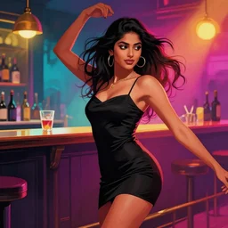 sensual beautiful young indian girl in a little black dress at a bar, dancing in the background, epic scene, by victo ngai, kilian eng vibrant colours, dynamic lighting, digital art, winning award masterpiece, fantastically beautiful, illustration, aesthetically inspired by beksinski and dan mumford, trending on artstation, art by greg rutkowski, 8 k