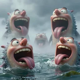 of sinuous stormy ocean with large strange happy drunk creatures with big mouth, long tongue, weird nose, and square teeth appearing from the misty waters, in the style of antonio berni, macro lens, shallow depth of field, highly detailed, digital painting, trending artstation, concept art, illustration, cinematic lighting, vibrant colors, photorealism, epic, octane render