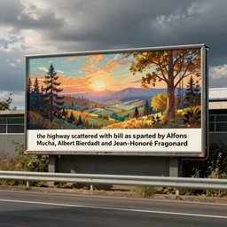 “the highway scattered with billboards as painted by Alfons Mucha, Albert Bierstadt, and Jean-Honoré Fragonard”