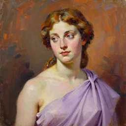 painting of Aphrodite wearing a light purple sash over her shoulder, looking askance with a gentle sparkle in her eyes, by Jeremy Mann, detailed, stylized, loose brush strokes, bold colors, warm tones