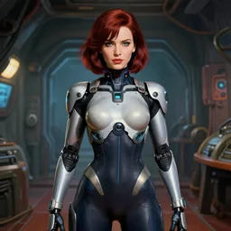 close portrait. ship interior bg. screenshot of a scene in metroid fusion. christina hendricks as zerosuit samus wearing a skintight cybernetic bodysuit. painted by norman rockwell. character designed by hideaki anno. dark crimson hair. digital. lighting by james gurney. trending on artstation. masterpiece. greg rutkowski.